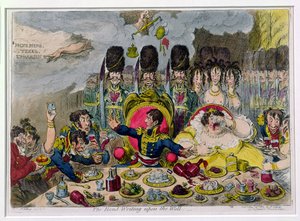 The Hand-Writing upon the Wall, julkaisija Hannah Humphrey vuonna 1803 (käsinvärinen etsaus)