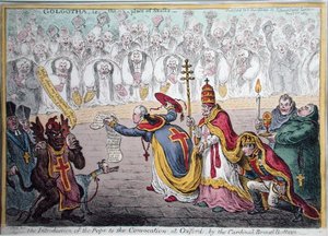 Kardinaali Broad-Bottomin paavin esittely Oxfordin kokoukseen, julkaisi Hannah Humphrey vuonna 1809 (käsinvärinen etsaus) tekijältä James Gillray