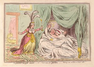 Jersey Smuggler havaitsi, tai hyvä syy eroon, avioliittovalat ovat vääriä, koska Dicers-valat, pub. 1796 (käsinvärinen kaiverrus) tekijältä James Gillray