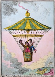 The National Parachute, tai John Bull diriged to Plenty and Emancipation, julkaisi Hannah Humphrey vuonna 1802 (käsinvärinen etsaus)