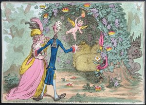 Hannah Humphreyn vuonna 1797 julkaisema The Nuptial Bower with the Evil-One kurkistaa Eedenin charmia (käsinvärinen etsaus)
