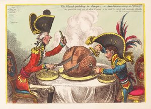 Plum Pudding vaarassa tai State Epicures ottaa Petit Souperissa, pubissa. 1805 (käsinvärinen kaiverrus)