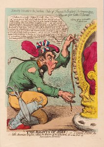The Rights of Man eli Tomm Paine, pikku amerikkalainen Taylor mittaa kruunua uudelle Revolution-housut, pubille. 1791 (käsinvärinen kaiverrus)
