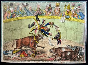 Espanjalainen härkätaistelu tai Korsikan matador vaarassa, julkaissut Hannah Humphrey vuonna 1808 (käsinvärinen etsaus)