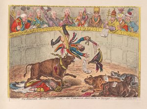 Espanjalainen härkätaistelu tai korsikalainen matadori vaarassa, pub. 1805 (käsin väritetty kaiverrus).