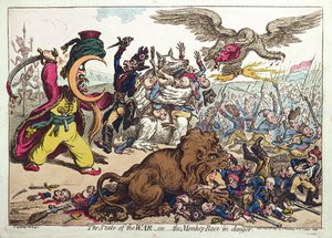 The State of War, or The Monkey Race in Danger, julkaissut Hannah Humphrey vuonna 1799 (käsin väritetty etsaus). tekijältä James Gillray