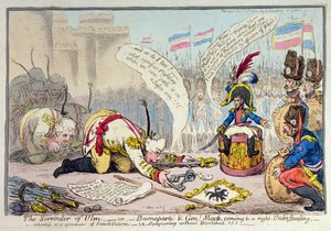 The Surrender of Ulm, or Buonaparte and General Mack coming to a right Understanding, Hannah Humphreyn julkaisema 1805 (käsin väritetty etsaus).