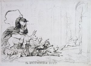 The Westminster Hunt, julkaissut 1788 (käsinvärinen etsaus) tekijältä James Gillray