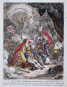 Amiraali Horatio Nelsonin (1758-1805) kuolema voiton hetkellä tekijältä James Gillray
