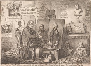 ”Kaksi paria muotokuvia”; omistettu kaikille puolueettomille vaalimiehille Isossa-Britanniassa tekijältä James Gillray