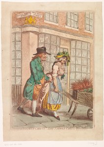 Nainen kottikärryllä, jolla on juuret kirjakauppias Robert Faulderin näyteikkunan edessä Lontoossa Voileipäporkkanat! herkullisia voileipäporkkanoita (otsikko esineessä) tekijältä James Gillray