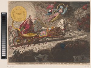 William Pitt Verdrijft de duistere krachten, 1795 Valo, joka karkottaa pimeyden, - Stigian uloshengitysten haihtuminen - tai - Perustuslain aurinko, joka nousee yli vastustuksen pilviä (otsikko esineessä) tekijältä James Gillray