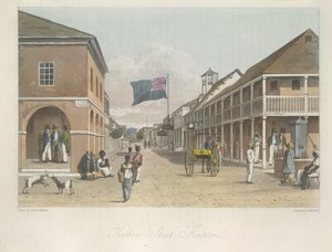 Näkymä Harbour Streetille, Kingston (katso itään) maalauksellisesta kiertueesta Jamaikan saarella, vuosina 1820 ja 1821 tehdyistä piirustuksista.