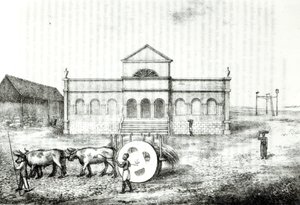 Rion pörssi, julkinen trapiche, ruohovaunu ja gallows, kuvitus James Hendersonin "Brasilian historiasta", julkaistu Lontoossa vuonna 1821 tekijältä James Henderson