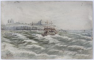 Littlehamptonin vatsan stranding ja Tynen pelastusvenemiehistön menetys (akvarelli, rungon väri ja raapiminen paperille) tekijältä James Henry Cleet