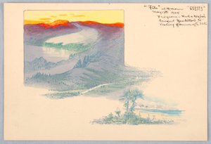 Kolme maisemaa, painettu vedos suunnittelua varten Washington Board of Trade Dinnerille, 13. toukokuuta 1908 tekijältä James Henry Moser