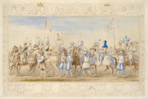 Jatkoa Waterfordin markiisin, lohikäärmeen ritarin ja varakreivi Alfordin, mustan leijonan ritarin seuralle, 1839 (lyijykynä, wc, guassi ja kultamaali paperille) (katso myös 366229)