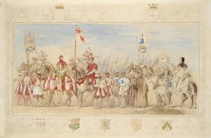 William Cravenin jaarli, Griffinin ritari ja Henry de la Poer Beresford, Waterfordin markiisi, Lohikäärmeen ritari, 1839 (lyijykynä, wc, guassi ja kultamaali paperille) (ks. myös 366230). tekijältä James Henry Nixon