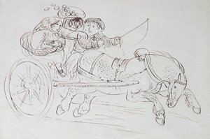 Pariskunta vaunuissa hevosen vetämässä (seepiamuste paperilla)