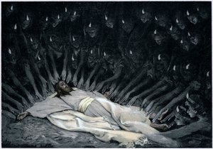 Enkelit palvelemassa Jeesusta sen jälkeen, kun paholainen on jättänyt hänet, 1897 tekijältä James Jacques Joseph Tissot