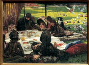Aamiainen nurmikolla Perhepiknik-kohtaus. Jacques Josephin (Jacques-Joseph) maalaus Tissot, James Tissot (1836-1902) tekijältä James Jacques Joseph Tissot