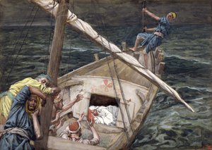 Kristus nukkuu myrskyn aikana, kuvitus teokseen The Life of Christ, n. 1886-1894 (wc ja guassi pahville) tekijältä James Jacques Joseph Tissot