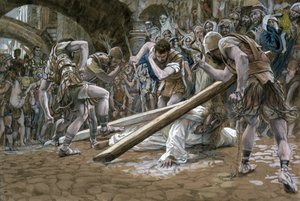 Kristus putoaa ristin alle, kuvitus teoksesta The Life of Christ, n. 1884-1896 (wc ja guassi pahville) tekijältä James Jacques Joseph Tissot