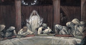 Hän ilmestyi yhdelletoista, kun he istuivat lihassa, kuvitus teoksesta The Life of Christ, n. 1884-1896 (wc ja guassi pahville) tekijältä James Jacques Joseph Tissot