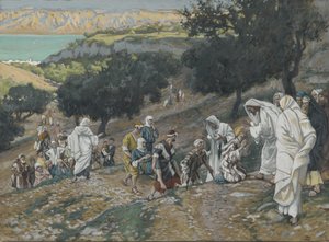 Jeesus parantaa sokeita ja rampoja vuorella, esimerkki teoksesta Herramme Jeesuksen Kristuksen elämä (wc grafiitin päällä paperilla) tekijältä James Jacques Joseph Tissot