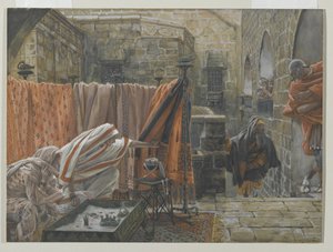 Joosef Arimatialainen pyytää Pilatusta pyytääkseen lupaa poistaa Jeesuksen ruumis, esimerkki teoksesta Herramme Jeesuksen Kristuksen elämä, 1886-94 (wc grafiitin päällä paperilla) tekijältä James Jacques Joseph Tissot
