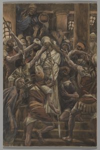Pahoinpitelyt Kaifaan talossa, esimerkki teoksesta Herramme Jeesuksen Kristuksen elämä, 1886-94 (wc grafiitin päällä paperilla) tekijältä James Jacques Joseph Tissot