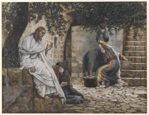 Maria Magdaleena Jeesuksen jaloissa, kuvitus teoksesta Herramme Jeesuksen Kristuksen elämä, 1886-94 (wc grafiitin päällä paperilla) tekijältä James Jacques Joseph Tissot