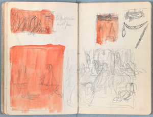Sivuja Sketches for The Life of Our Lord Jesus Christ -albumista 1880-luvun lopulla (grafiitti ja pesu paperille) tekijältä James Jacques Joseph Tissot