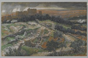 Golgatan ja pyhän haudan jälleenrakentaminen Tuomioportilta katsottuna, kuva Herramme Jeesuksen Kristuksen elämästä (wc grafiitin päällä paperilla) tekijältä James Jacques Joseph Tissot
