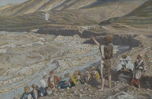Pyhä Johannes Kastaja näkee Jeesuksen kaukaa, kuva Herramme Jeesuksen Kristuksen elämästä (wc grafiitin päällä paperilla) tekijältä James Jacques Joseph Tissot