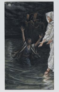 Pyhä Pietari kävelee merellä, kuva Herramme Jeesuksen Kristuksen elämästä (wc grafiitin päällä paperilla) tekijältä James Jacques Joseph Tissot