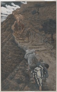 Pyhä Pietari ja pyhä Johannes Seuraa kaukaa, esimerkki teoksesta Herramme Jeesuksen Kristuksen elämä, 1886-94 (wc grafiitin päällä paperilla) tekijältä James Jacques Joseph Tissot