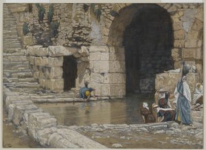 Sokea mies peseytyy Siloamin altaassa, esimerkki teoksesta Herramme Jeesuksen Kristuksen elämä, 1886-96 (wc grafiitin päällä paperilla) tekijältä James Jacques Joseph Tissot