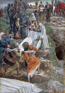 Jeesuksen ruumis kannettuna voitelukivelle, kuvitus teokselle The Life of Christ, n. 1886-1894 (wc ja guassi pahville) tekijältä James Jacques Joseph Tissot