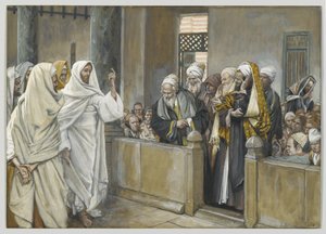 Ylipapit kysyvät Jeesukselta, millä oikeudella hän toimii tällä tavalla, esimerkki teoksesta Herramme Jeesuksen Kristuksen elämä, 1886-94 (wc grafiitin päällä paperilla) tekijältä James Jacques Joseph Tissot