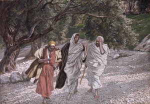 Opetuslapset tiellä Emmaukseen, kuvitus teokseen The Life of Christ, n. 1884-1896 (wc ja guassi pahville) tekijältä James Jacques Joseph Tissot