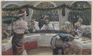 Ateria fariseusten talossa, esimerkki teoksesta Herramme Jeesuksen Kristuksen elämä (wc grafiitin päällä paperilla) tekijältä James Jacques Joseph Tissot