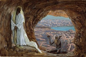 Kiusaus erämaassa, kuvitus teokseen The Life of Christ, n. 1886-1894 (wc ja guassi pahville) tekijältä James Jacques Joseph Tissot