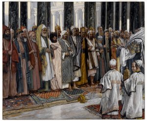 The Testing of the Suitors of the Holy Virgin, illustration of the life of Christ, n. 1886-94 (läpinäkymätön wc grafiitin päällä harmaalla kudottupaperilla) tekijältä James Jacques Joseph Tissot