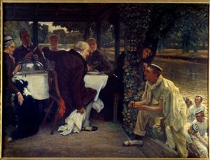 Tuhlaajapojan paluu: lihava vasikka Moderni sovitus vertauksesta tuhlaajalapsesta, joka palaa katuvan isänsä luo. Jacques Josephin maalaus (Jacques-Joseph) Tissot dit James Tissot (1836-1902) 1880 Su. 1x1,3 m Nantes, musee des Beaux tekijältä James Jacques Joseph Tissot