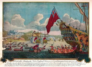 Uuden Englannin joukkojen maihinnousu Cape Bretonin saarelle hyökätäkseen Louisbourgiin, 1747 tekijältä James L. Brooks