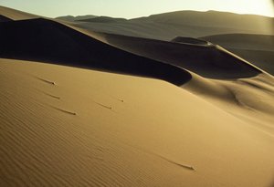 Näkymä jyrkästi leikatuille varjostetuille dyyneille Dunhuangin lähellä. Gansun maakunta, Kiinan kansantasavalta. tekijältä James L Stanfield