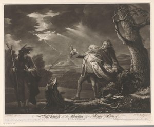 David Garrick kuningas Learina Kentin jaarlin ja Tomiksi naamioituneen Edgarin kanssa myrskyisissä maisemissa Herra. Garrick kuningas Learin hahmossa (otsikko esineessä)