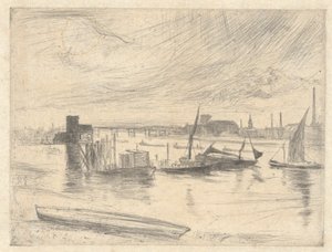 Battersea Dawn (Cadogan Pier), Thames-sarjasta (Kuudentoista etsauksen sarja Thamesista ja muista aiheista) tekijältä James Abbott McNeill Whistler