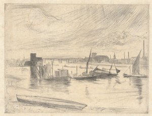 Aamunkoitto Batterseassa (Cadogan Pier), Thames-sarjasta (Kuudentoista Thames-joen näkymiä ja muita aiheita esittävän etsauksen sarja) tekijältä James McNeill Whistler